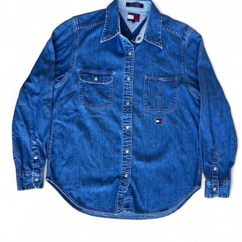 Tommy Hilfiger Denim Shirt Cotton Button Up Varsity H Logo Women's 6 - Picture 3 of 10